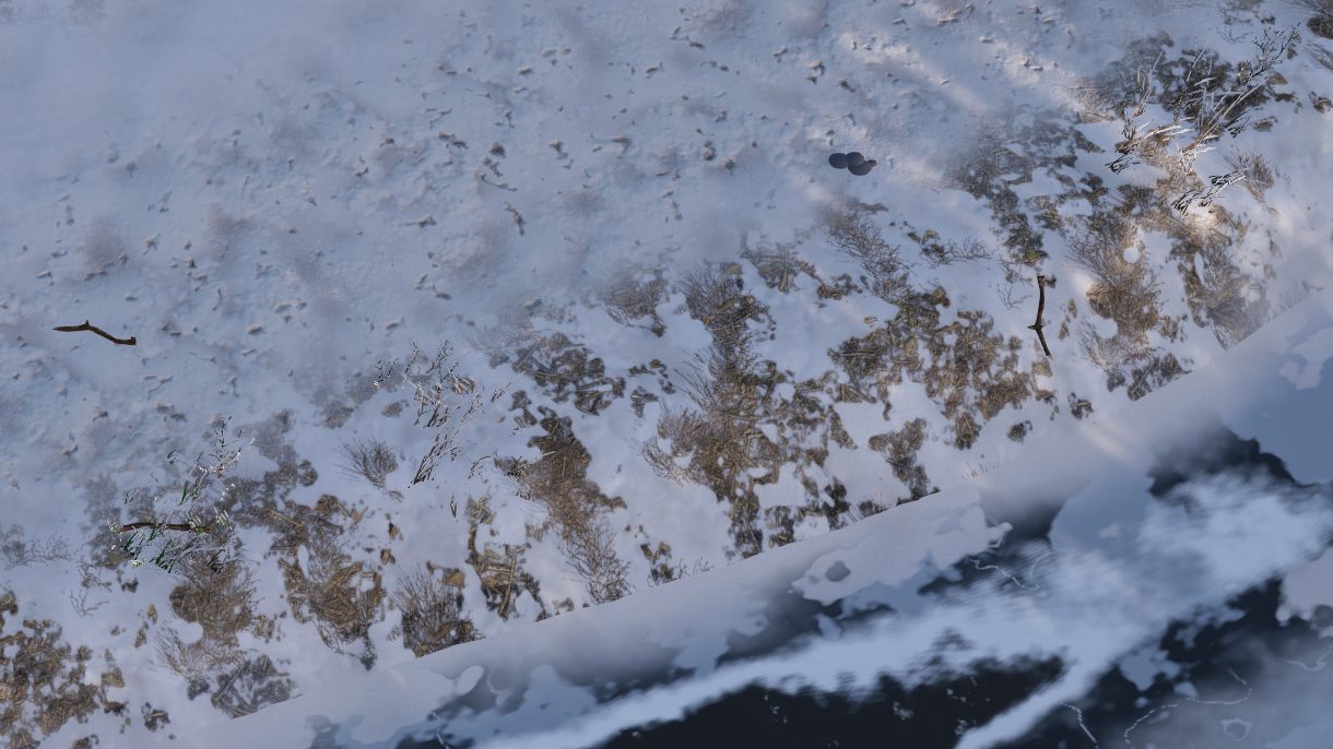 The frozen creek seen from above, snow drifted along the ice and a lead of dark open water at the bend.