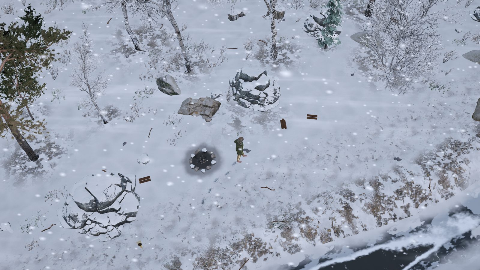 The same spot in the wind, the sun gone and loose snow streaking across the ground.