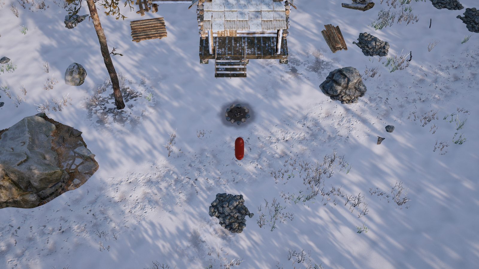 The same view of the cabin porch, now with white matte snow, grass and twigs, rocks, a pine, a ring of campfire stones and a red capsule.